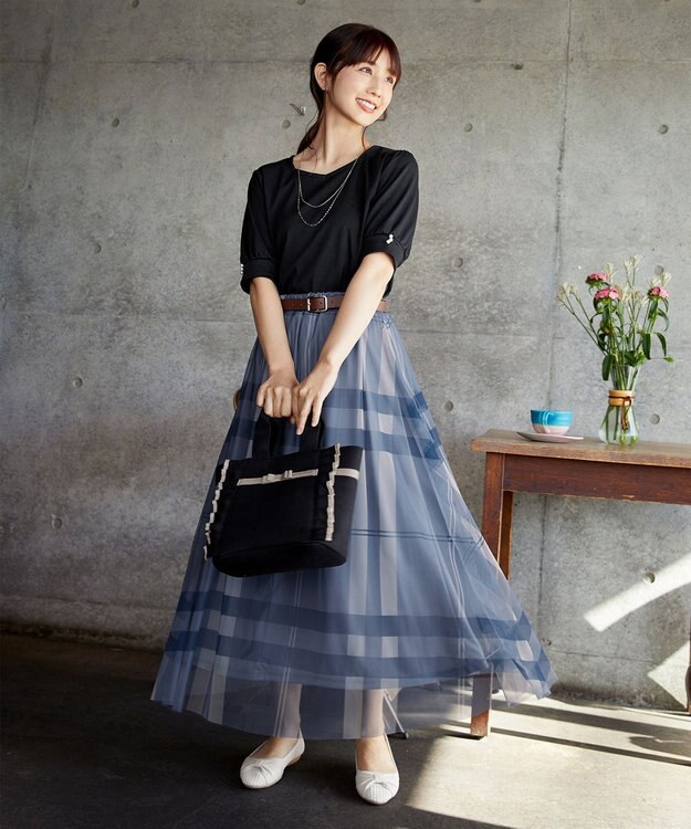 Tiaclasse L 【小倉優子さん着用・洗える・接触冷感・汗ジミ防止】“サマさまカットソー”パール付きパフスリーブトップス ブラック