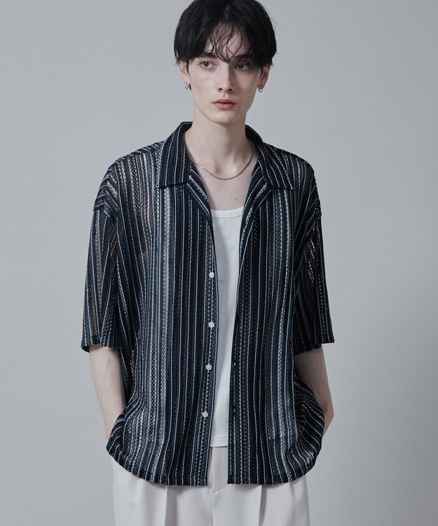 WEGO ストライプメッシュBIGシャツ（S） 柄2