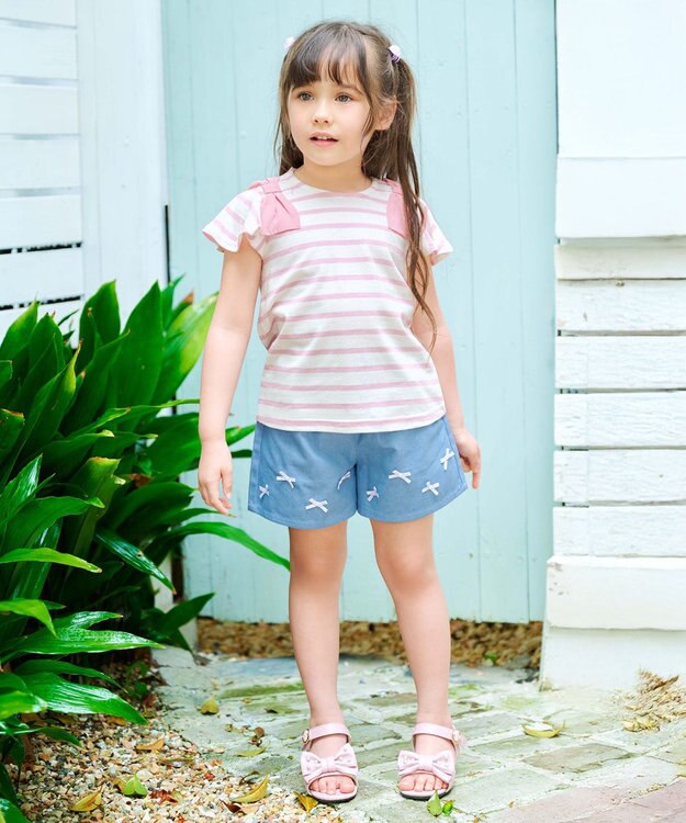 ANY KIDS ひんやりクール 肩リボンTシャツ ピンク×ボーダー