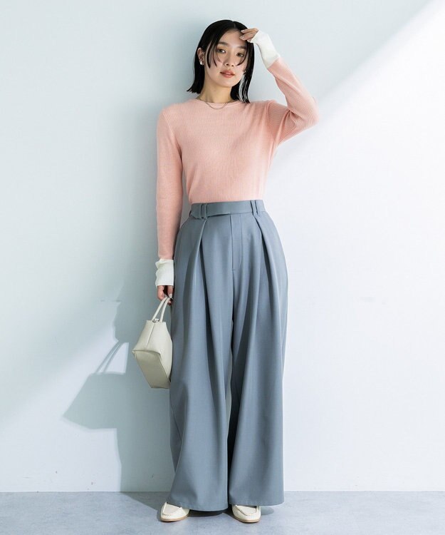 Green Parks アンチピリング袖配色ニットプルオーバー Pink