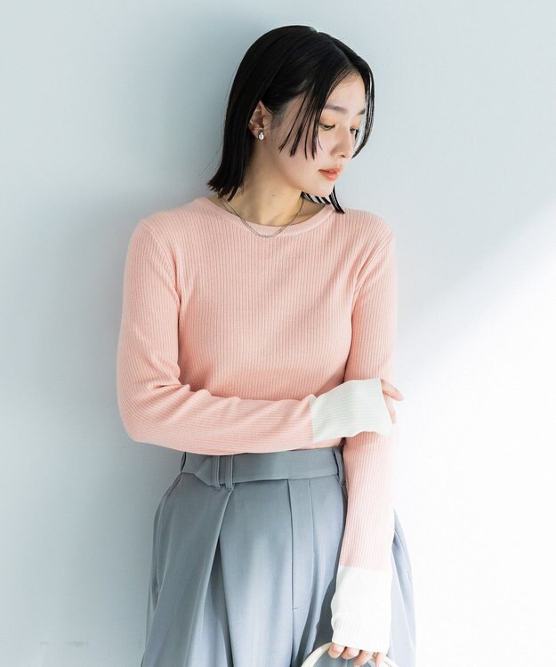 Green Parks アンチピリング袖配色ニットプルオーバー Pink