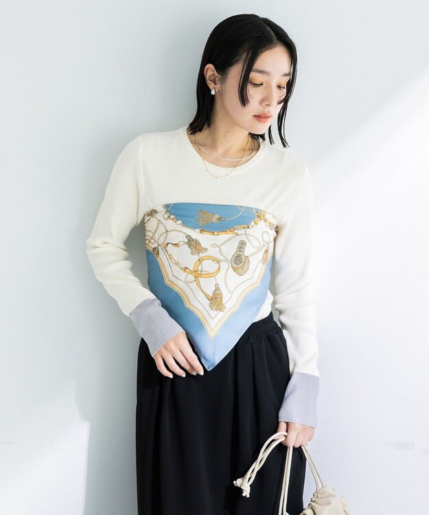 Green Parks アンチピリング袖配色ニットプルオーバー Ivory