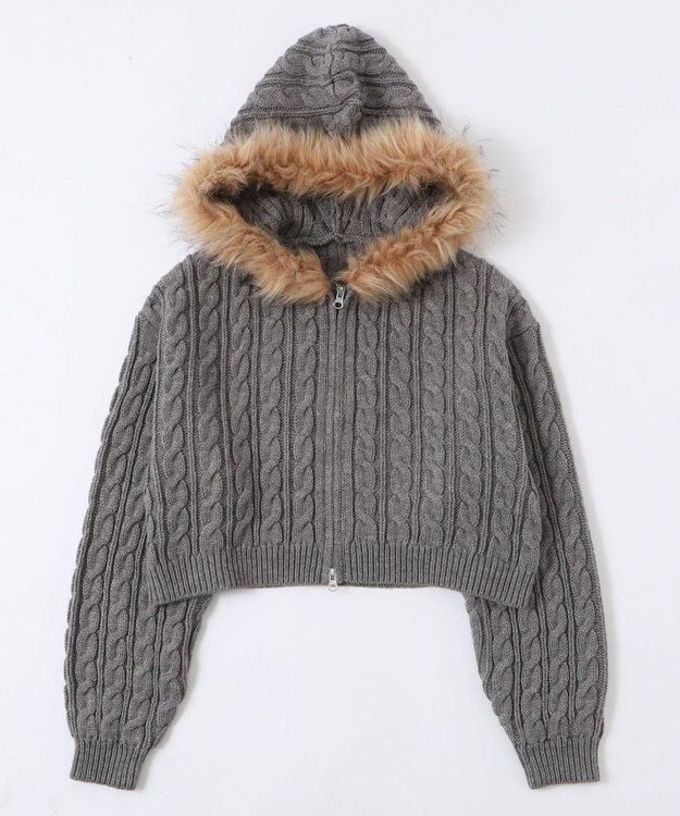 WEGO フェイクファー付きケーブルニットパーカー グレー
