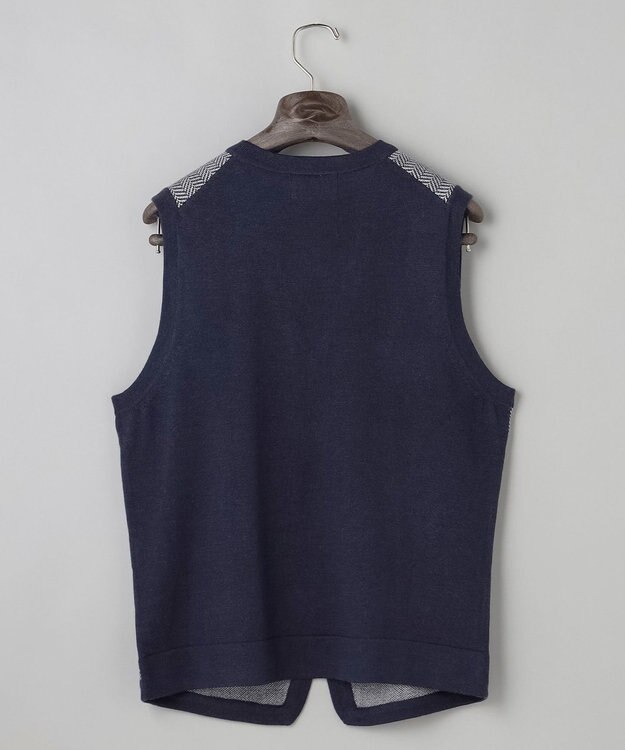 GOTAIRIKU 体温調整に【洗える/チクチクしにくい/ピリングしにくい】イタリア糸 ハイゲージ ベスト_WOOL100% ネイビー×ヘリンボーン柄(25年新色)