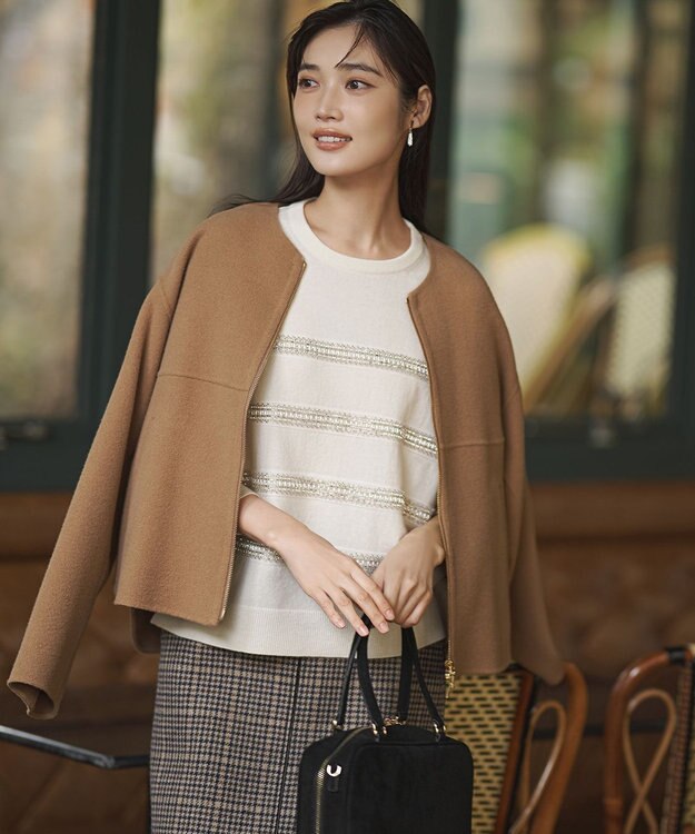 23区 【見上愛さん着用】ボンディングチェックツイード Iライン スカート ブラウンチェック