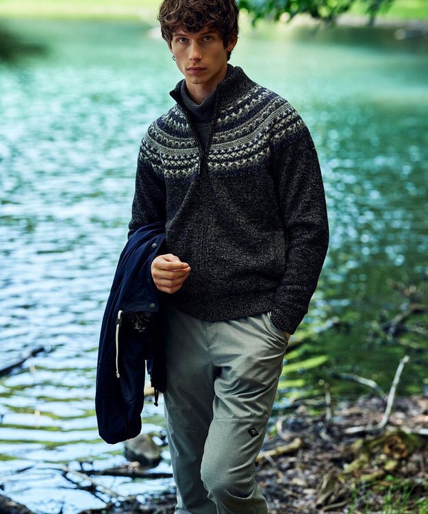 JOSEPH ABBOUD MOUNTAIN 【イタリア糸使用/サスティナブル素材/裏地付き/ライナードッキング対応】 コットンウールジャガードニットアウター ブラック系