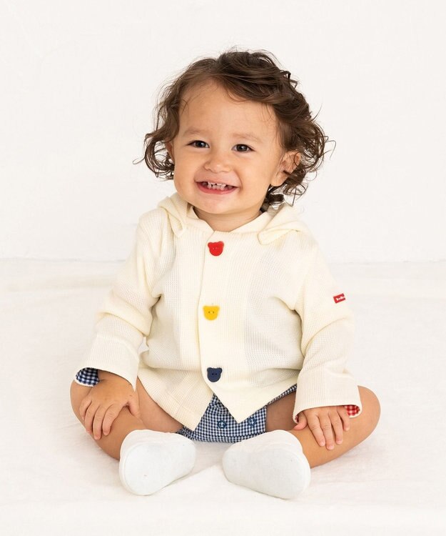 MIKI HOUSE HOT BISCUITS 【70-110cm】 顔ドン ワッフル素材 パーカー アイボリー