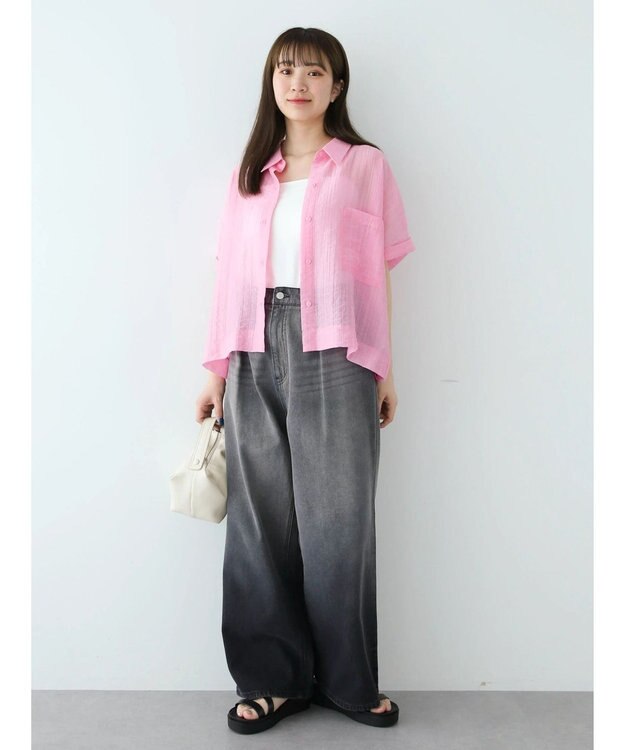 Green Parks シアーストライプショート丈シャツ Pink