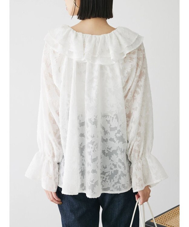 Green Parks シアージャガード花柄フリルブラウス Off White