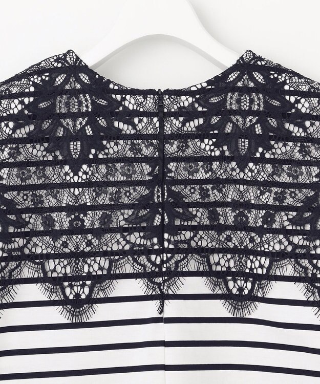 自由区 【洗える】レース Tシャツ オフ×ネイビーボーダー