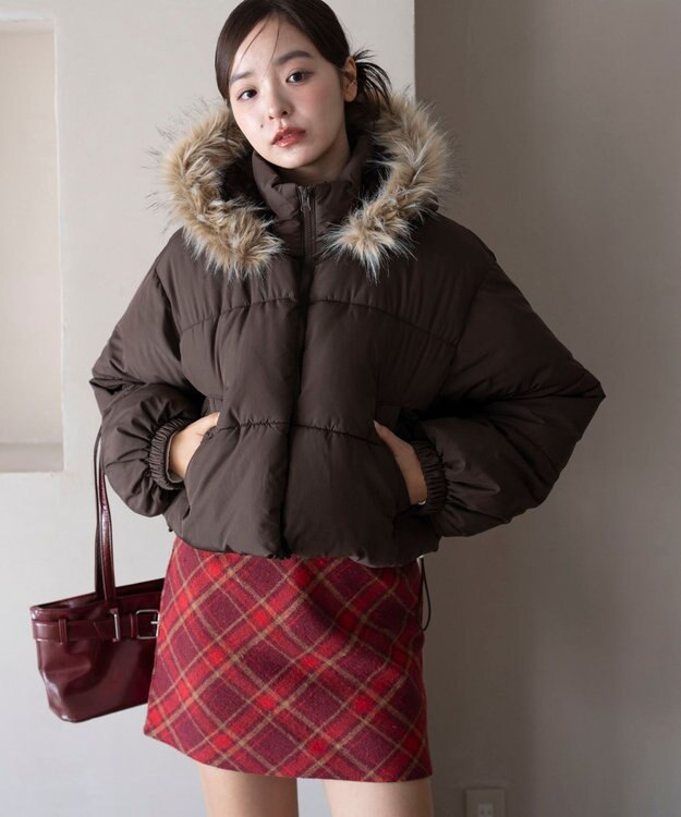 WEGO 【25年秋冬新作/SMサイズ展開】2WAYファーフードショートパファーブルゾン ブラウン