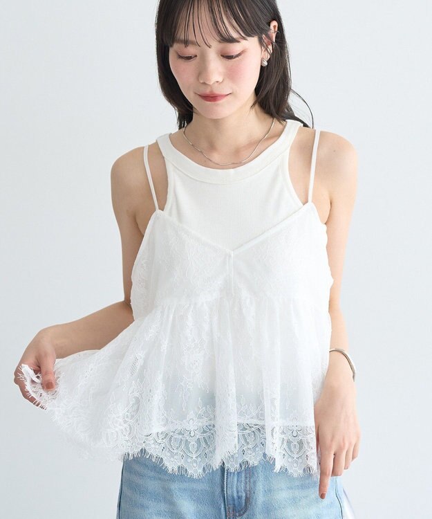 earth music&ecology フリンジレースバックリボンキャミ Off White