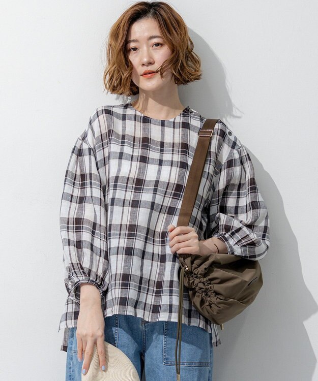 23区 【先行予約】LIBECOリネン チェック ボリュームスリーブ ブラウス ダークブラウンチェック