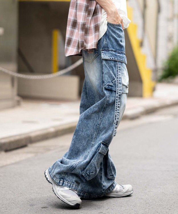 WEGO イージーマルチポケットデニムカーゴ デニム淡加工色