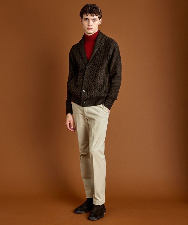 JOSEPH ABBOUD 【イタリア糸使用/軽く暖かい】 ラムウールケーブル柄ショールカラーカーデ カーキ系