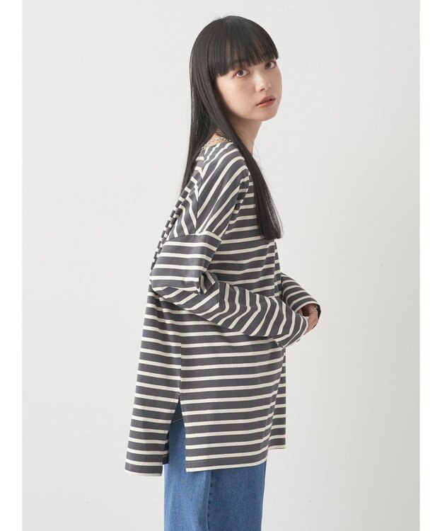 earth music&ecology バック釦ボーダーチュニック Charcoal Gray