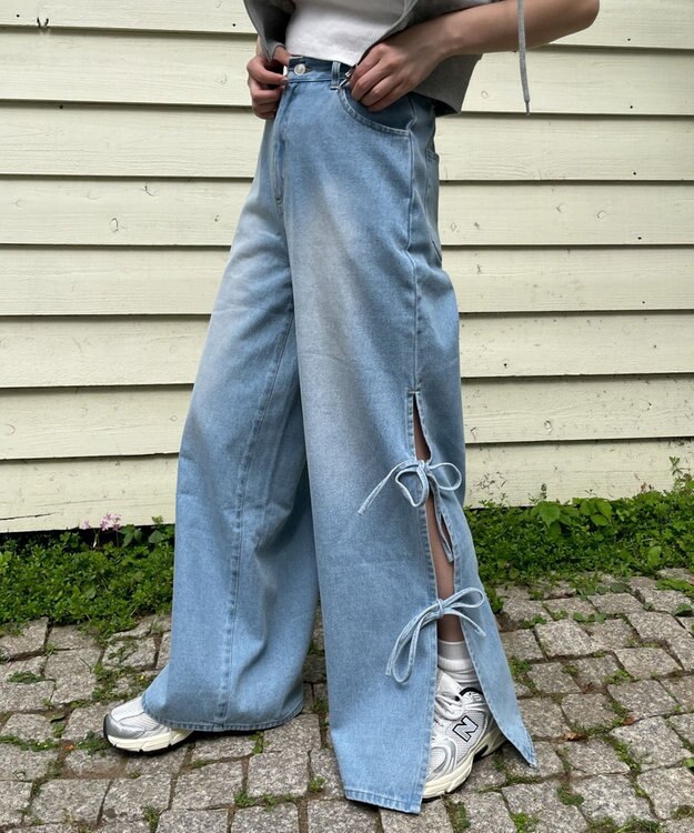 WEGO 【ウエストゴム/楽ちん】サマーデニムサイドリボンパンツ デニム淡色