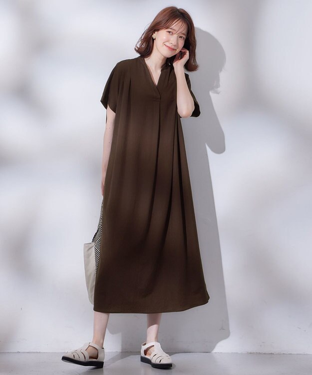 ANY 【洗濯機可能/ストレッチ】ナチュラルワッシャーワンピース ダークブラウン