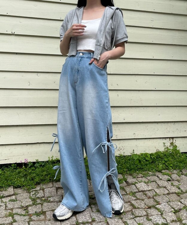 WEGO 【ウエストゴム/楽ちん】サマーデニムサイドリボンパンツ デニム淡色