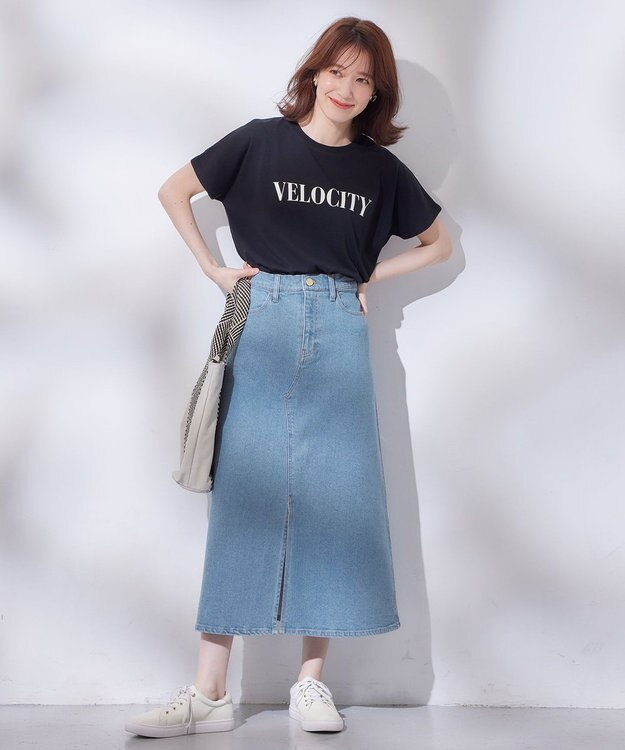 ANY 【洗濯機可能/ストレッチ】フロントスリットデニムスカート ライトインディゴ