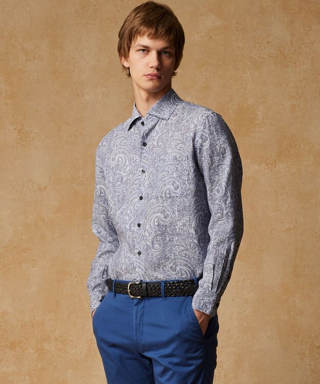 JOSEPH ABBOUD 【キングサイズ・麻100％・軽い・涼しい】 モイスチャーリネンペイズリー シャツ ネイビー系6