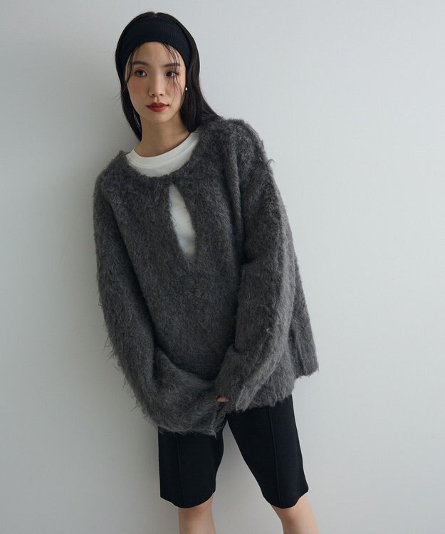 Green Parks 前後２ｗａｙキーネックシャギーニット Charcoal Gray