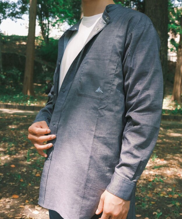 SHARE PARK MENS 【UVカット・撥水・ストレッチ】イージーデニムノーカラーシャツ ネイビー系