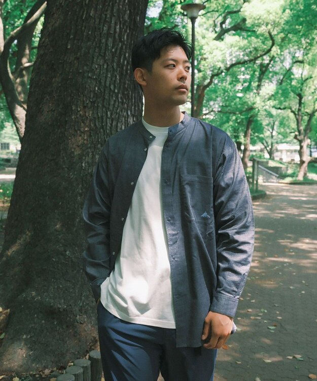 SHARE PARK MENS 【UVカット・撥水・ストレッチ】イージーデニムノーカラーシャツ ネイビー系