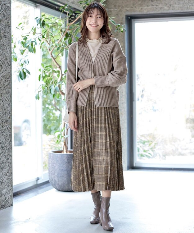 Tiaclasse 【洗える】ダブルジップリブニットカーディガン ベージュ