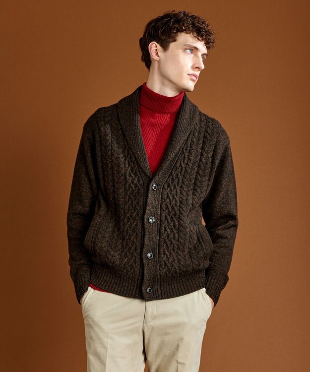 JOSEPH ABBOUD 【イタリア糸使用/軽く暖かい】 ラムウールケーブル柄ショールカラーカーデ カーキ系