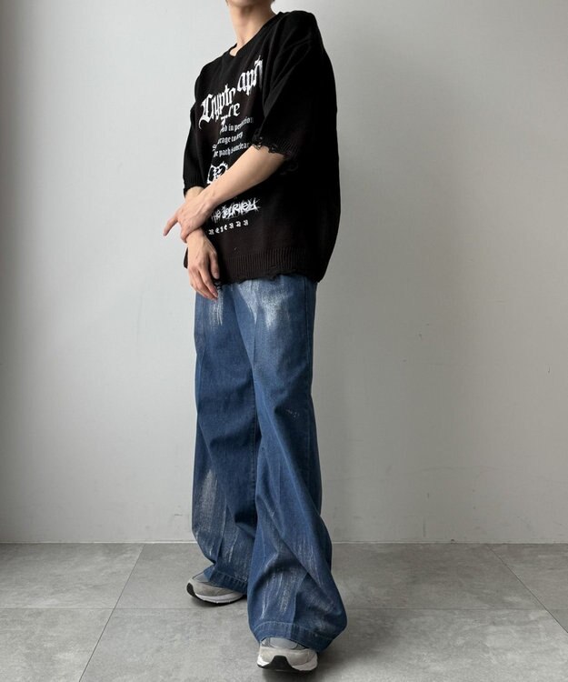 WEGO メタリックプリントデニムパンツ デニム中濃加工色