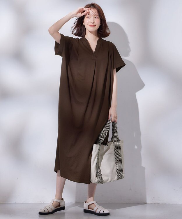 ANY 【洗濯機可能/ストレッチ】ナチュラルワッシャーワンピース ダークブラウン