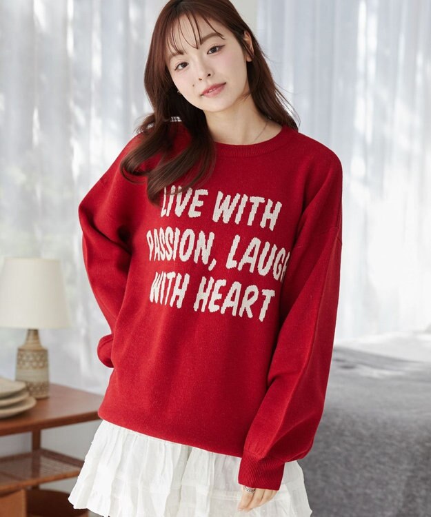 WEGO グラフィックBIGニットプルオーバー レッド