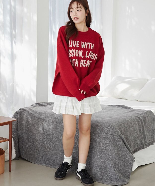 WEGO グラフィックBIGニットプルオーバー レッド