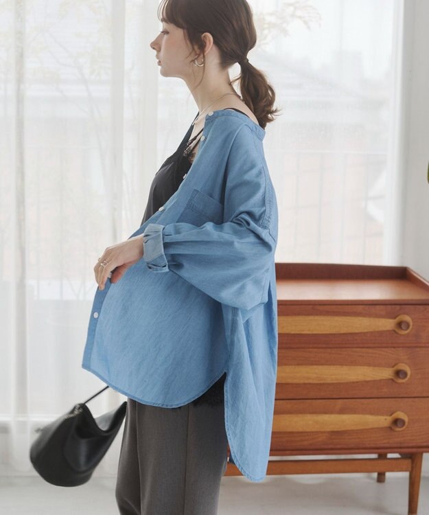 WEGO 【ANGIE VINTAGE】シアーデニムバンドカラーシャツ ブルー