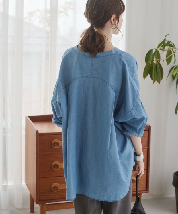 WEGO 【ANGIE VINTAGE】シアーデニムバンドカラーシャツ ブルー