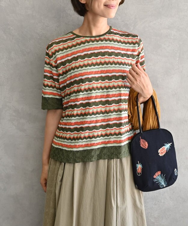 muuc 〈高品質シルク100%〉透かしレース編み シルクマルチボーダー半袖プルオーバー グリーンオレンジ