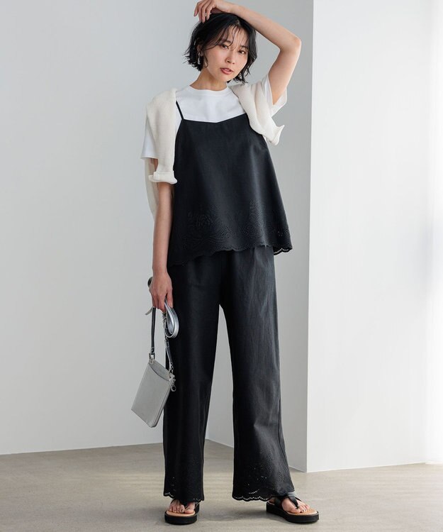 23区 L 【洗える】リネンエンブロイダリー ワイドパンツ ブラック系