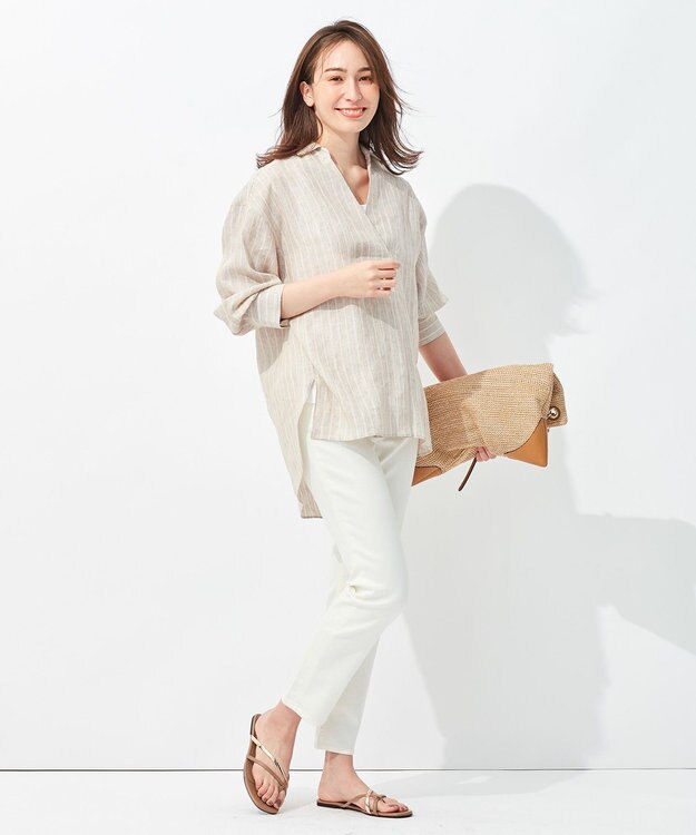 自由区 【洗える】リネンストライプ スキッパーブラウス ベージュ系1