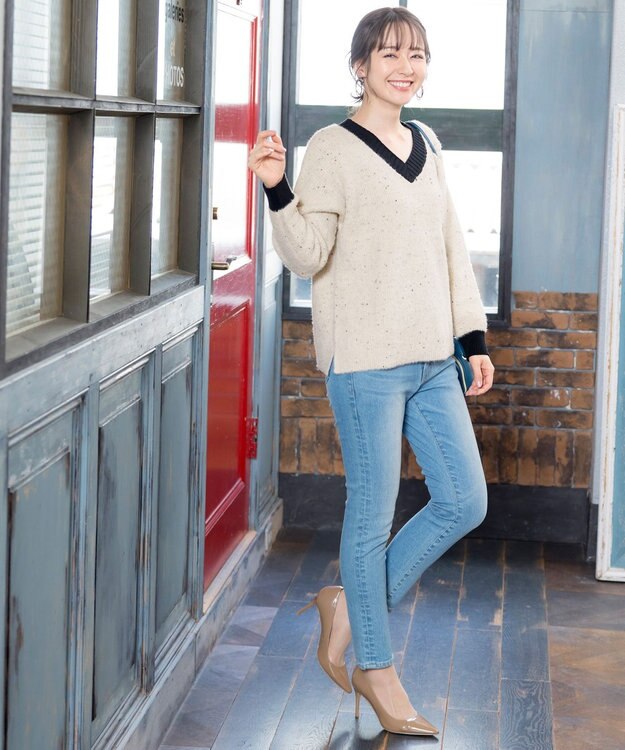 Tiaclasse 【洗える】表情豊かなメランジニットVネックトップス アイボリー×ブラック