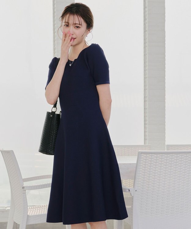 Tiaclasse 【洗える】クルーネック半袖ニットフレアワンピース ネイビー