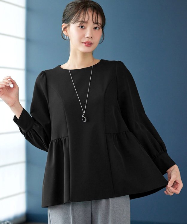Tiaclasse 【ダブルクロス】パフスリーブペプラムチュニックブラウス ブラック