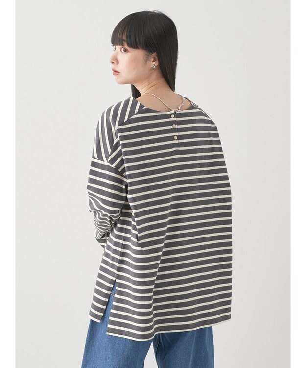 earth music&ecology バック釦ボーダーチュニック Charcoal Gray