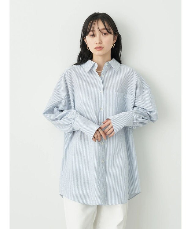 earth music&ecology サッカーストライプボーイズライクシャツ Blue