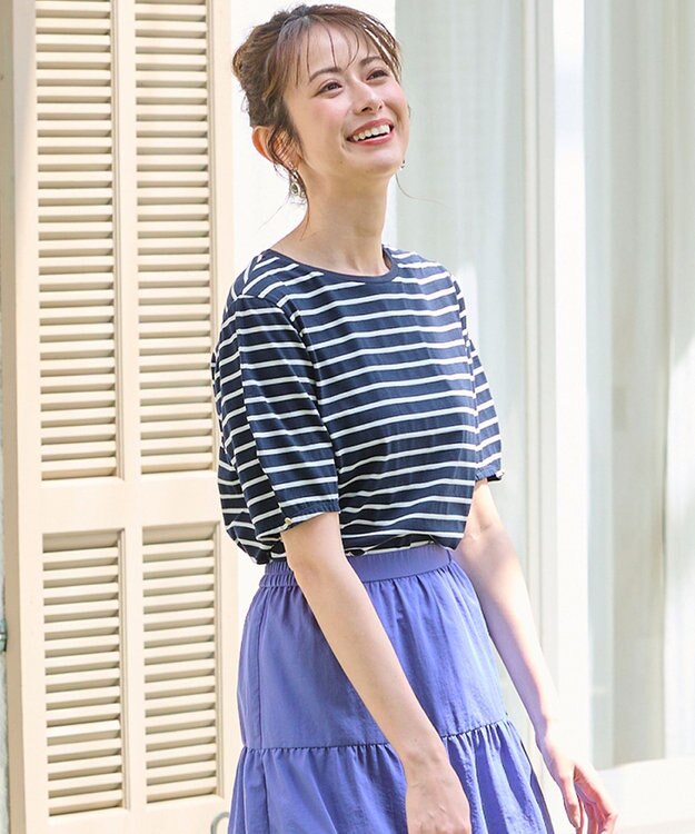 ANY SIS 【汗ジミ防止・UVケア】アーモンドスリーブ カットソー ネイビーボーダー