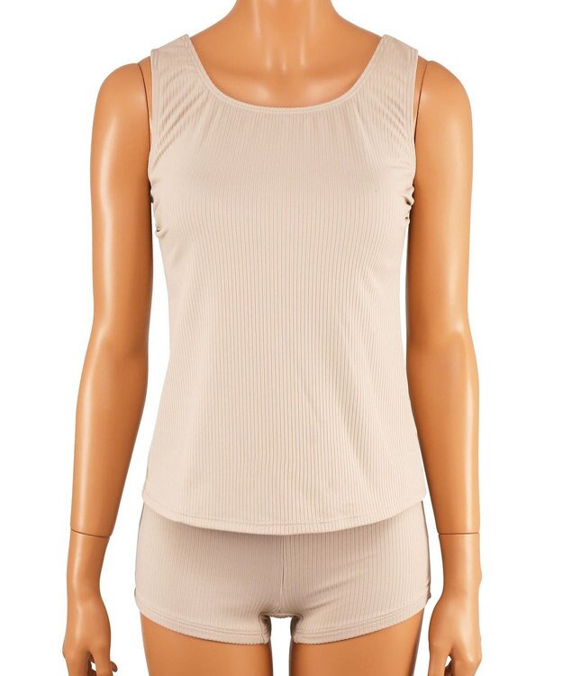 San-ai Resort（三愛水着楽園） WEB限定【紫外線カット(UPF50＋)】リブ素材ラッシュガード付 4点セット水着 ベージュ