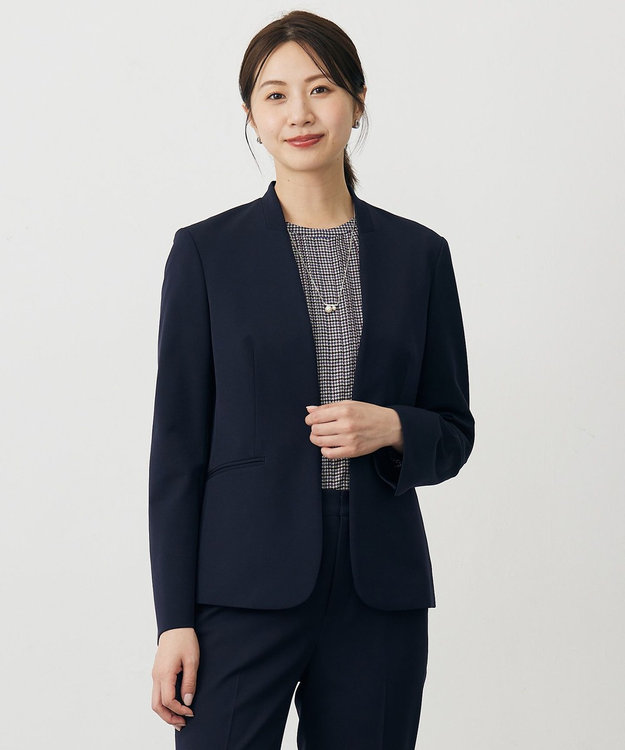 J.PRESS LADIES L 【洗える】T/Rアルガンシルク ノーカラー ジャケット ネイビー系
