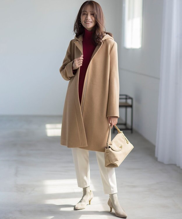 組曲 【WEB限定】ウールモッサ フーデットロングコート ベージュ系