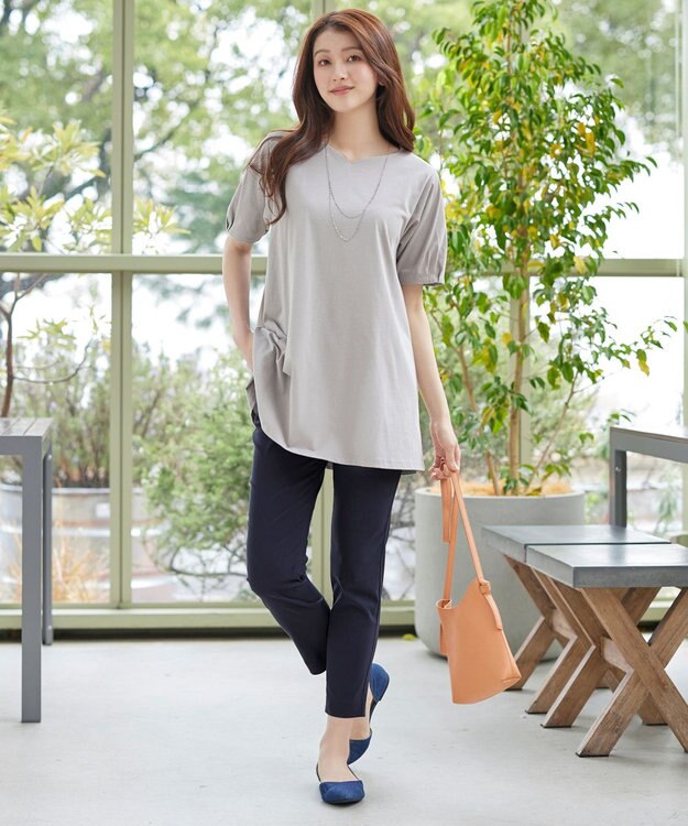 Tiaclasse L 麻混ストレッチテーパードパンツ ネイビー