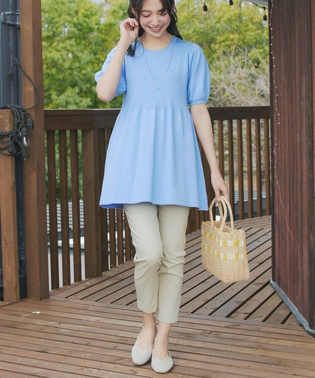 Tiaclasse L 麻混ストレッチテーパードパンツ ライトベージュ